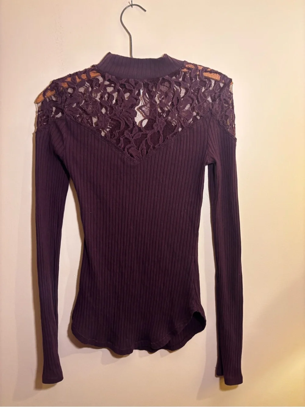 Free People Plum Lace-Collar Yoke Ribbed Long Sleeve Top